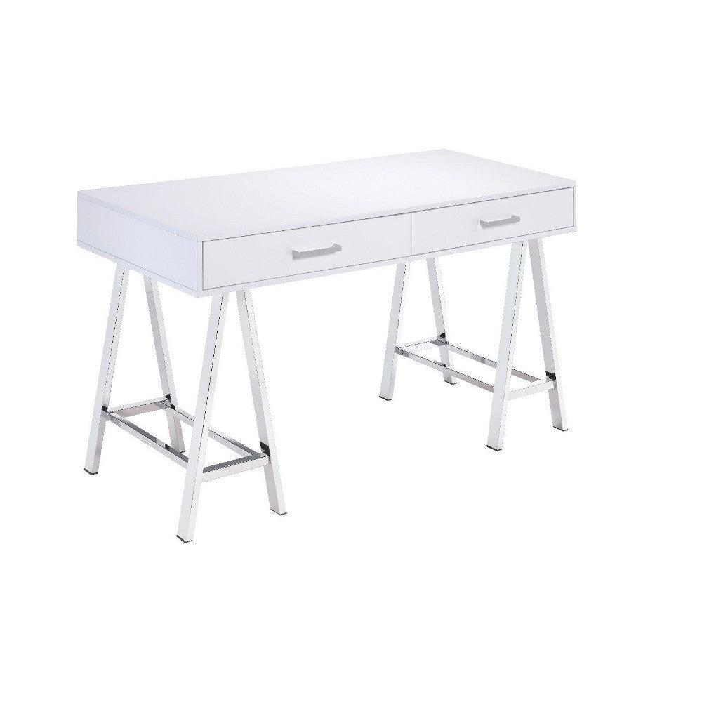 Writing Desk with MDF 2 Drawers and Metal Legs, White and Chrome