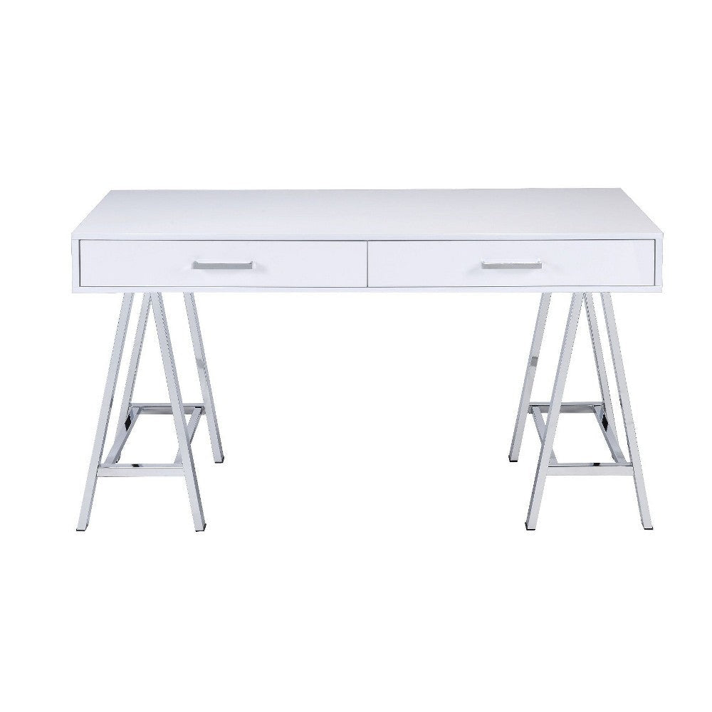 Writing Desk with MDF 2 Drawers and Metal Legs White and Chrome