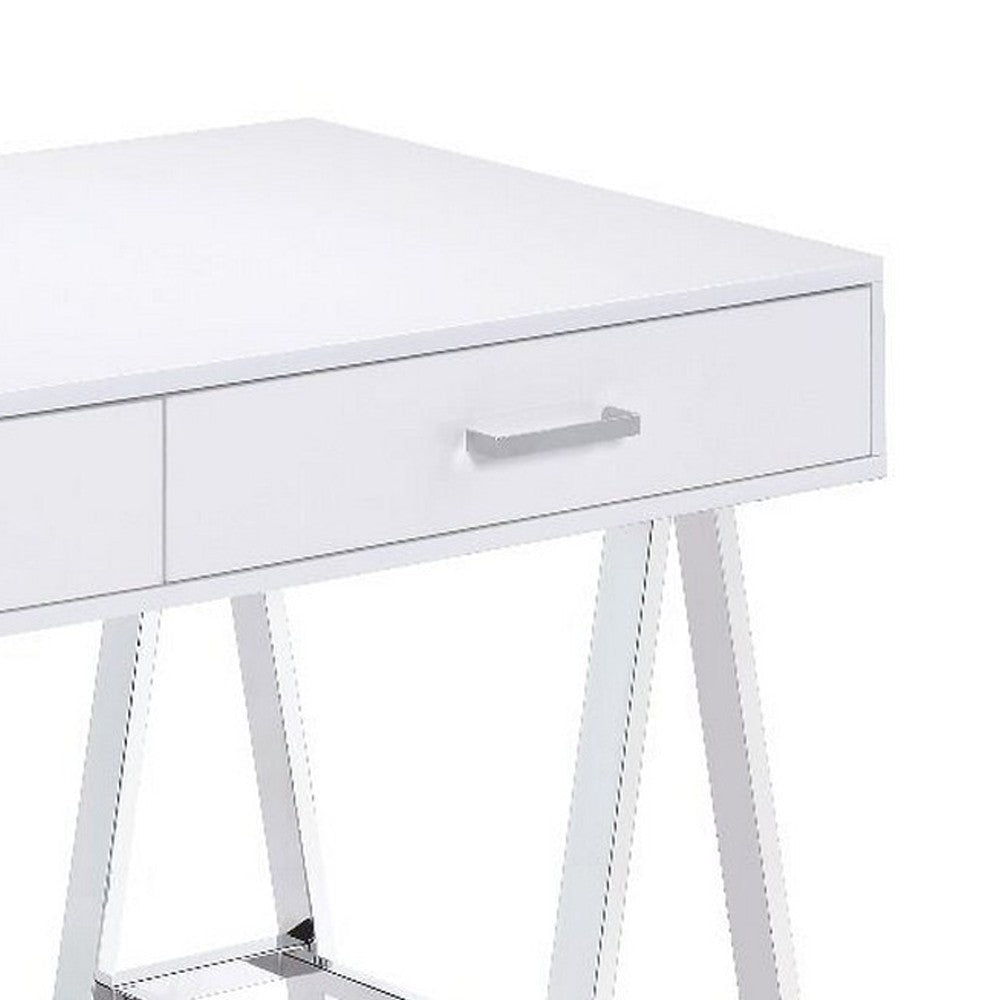 Writing Desk with MDF 2 Drawers and Metal Legs White and Chrome