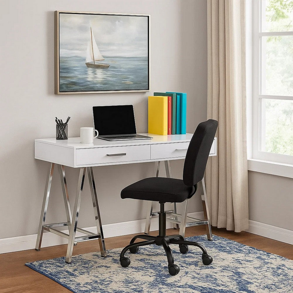 Writing Desk with MDF 2 Drawers and Metal Legs, White and Chrome