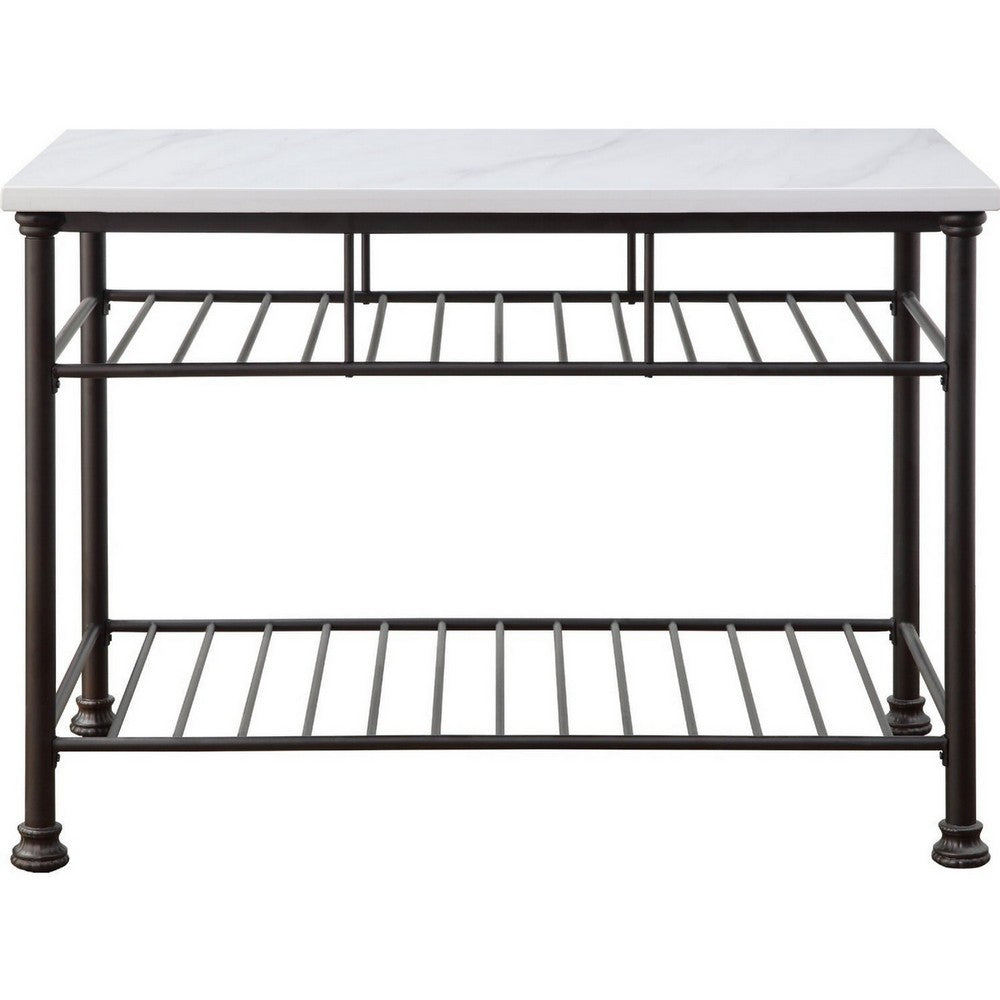 Reid Kitchen Island | Artificial Marble Top | 2 Slatted Shelves | White