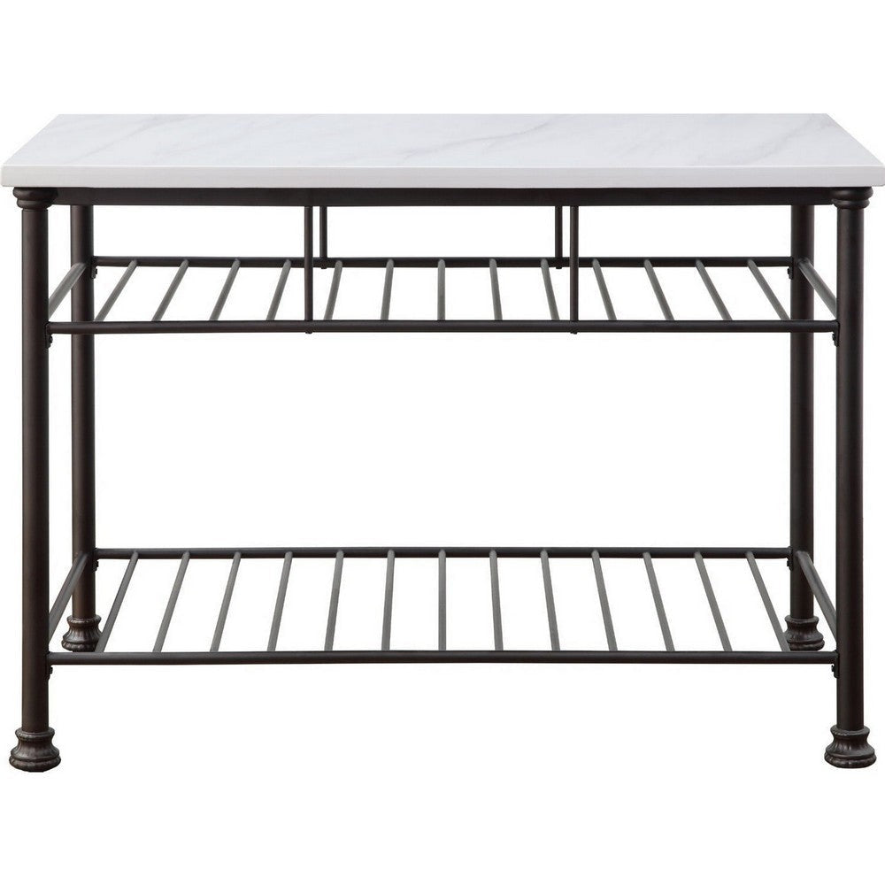 Kitchen Island with Artificial Marble Top and 2 Slatted Shelf White By Casagear Home BM250299