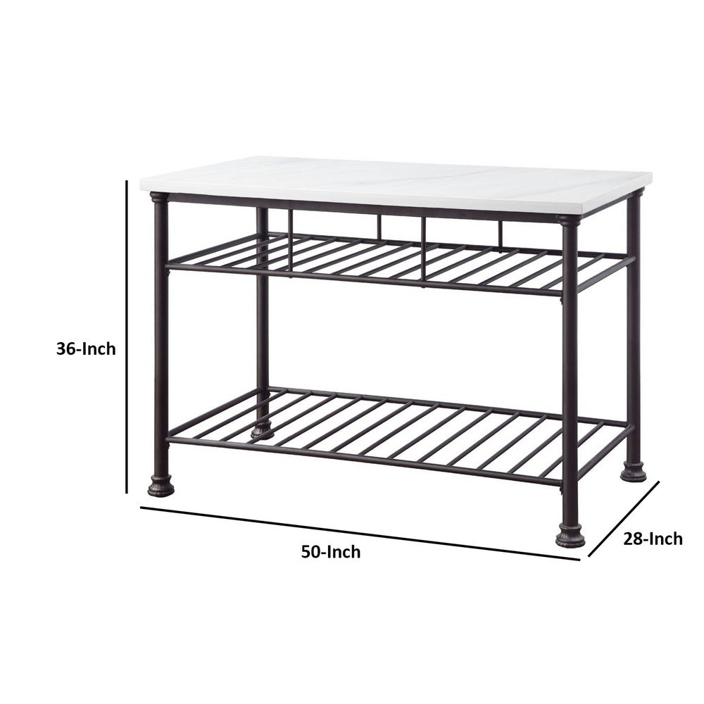 Reid Kitchen Island | Artificial Marble Top | 2 Slatted Shelves | White