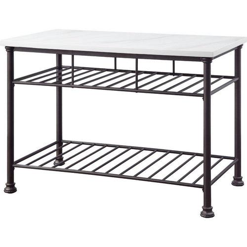 Reid Kitchen Island | Artificial Marble Top | 2 Slatted Shelves | White