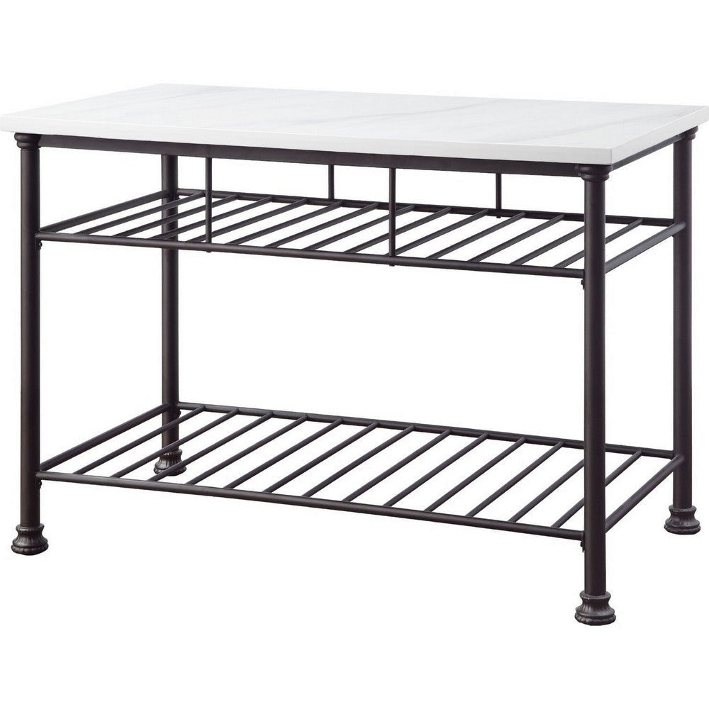 Reid Kitchen Island | Artificial Marble Top | 2 Slatted Shelves | White