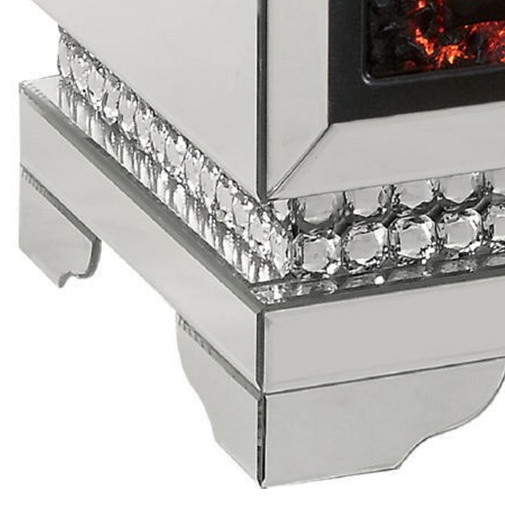 Electric Fireplace with Mirror Panel Framing and Faux Diamonds Silver By Casagear Home BM250304