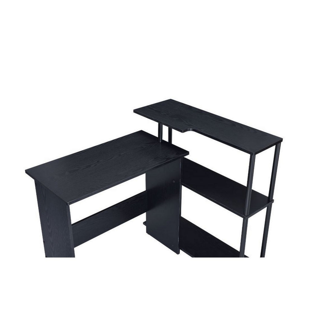 Writing Desk with L Shaped Design and 3 Tier Wooden Shelves Black By Casagear Home BM250315