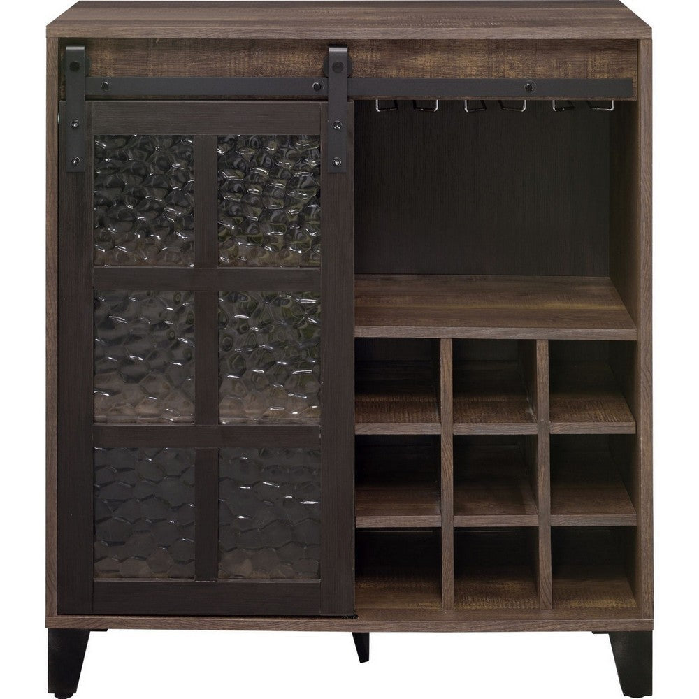 Wine Cabinet with Metal Barn Sliding Glass Door and 9 Cubbies Brown BM250329