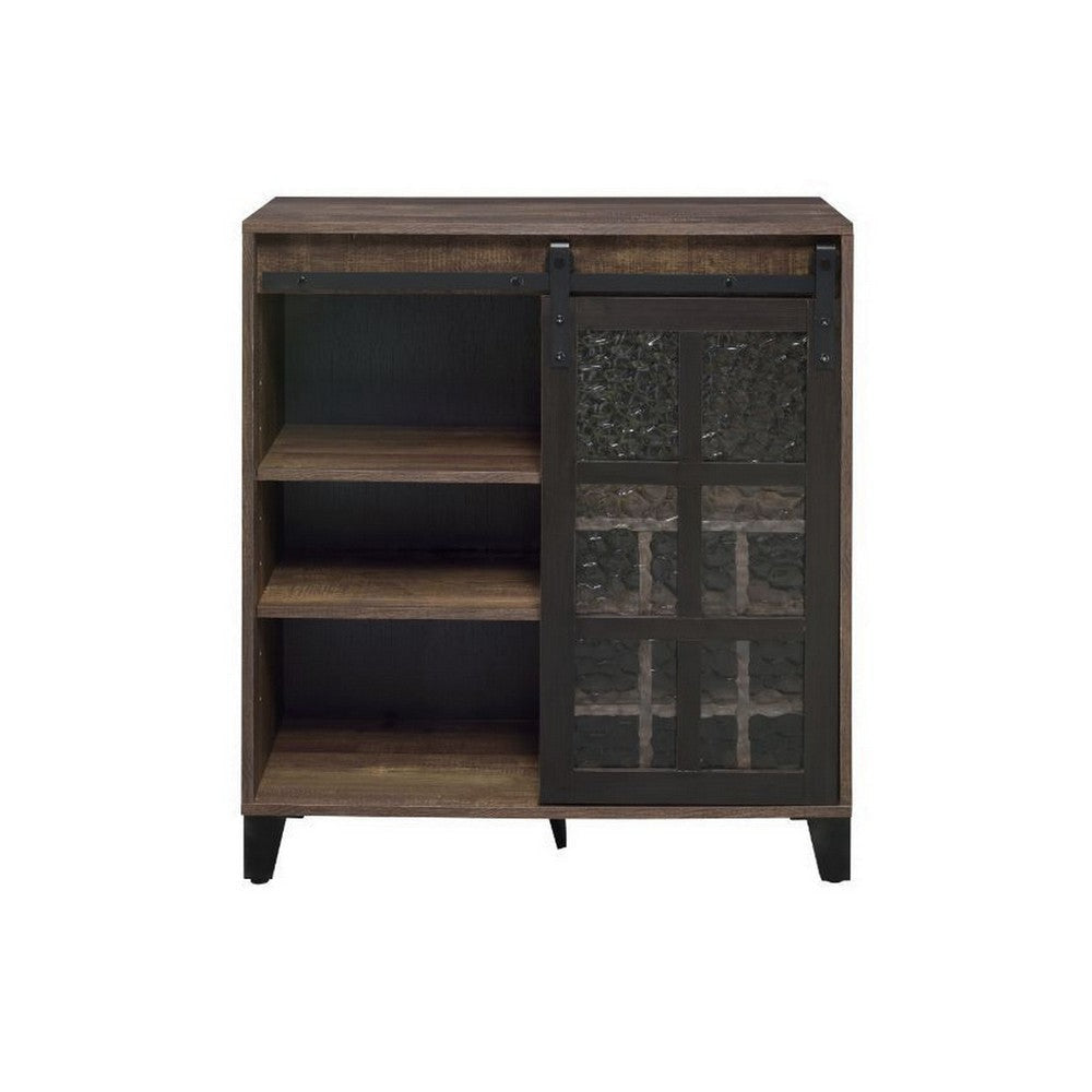 Wine Cabinet with Metal Barn Sliding Glass Door and 9 Cubbies Brown BM250329