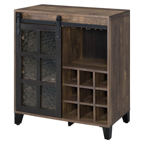 Wine Cabinet with Metal Barn Sliding Glass Door and 9 Cubbies, Brown