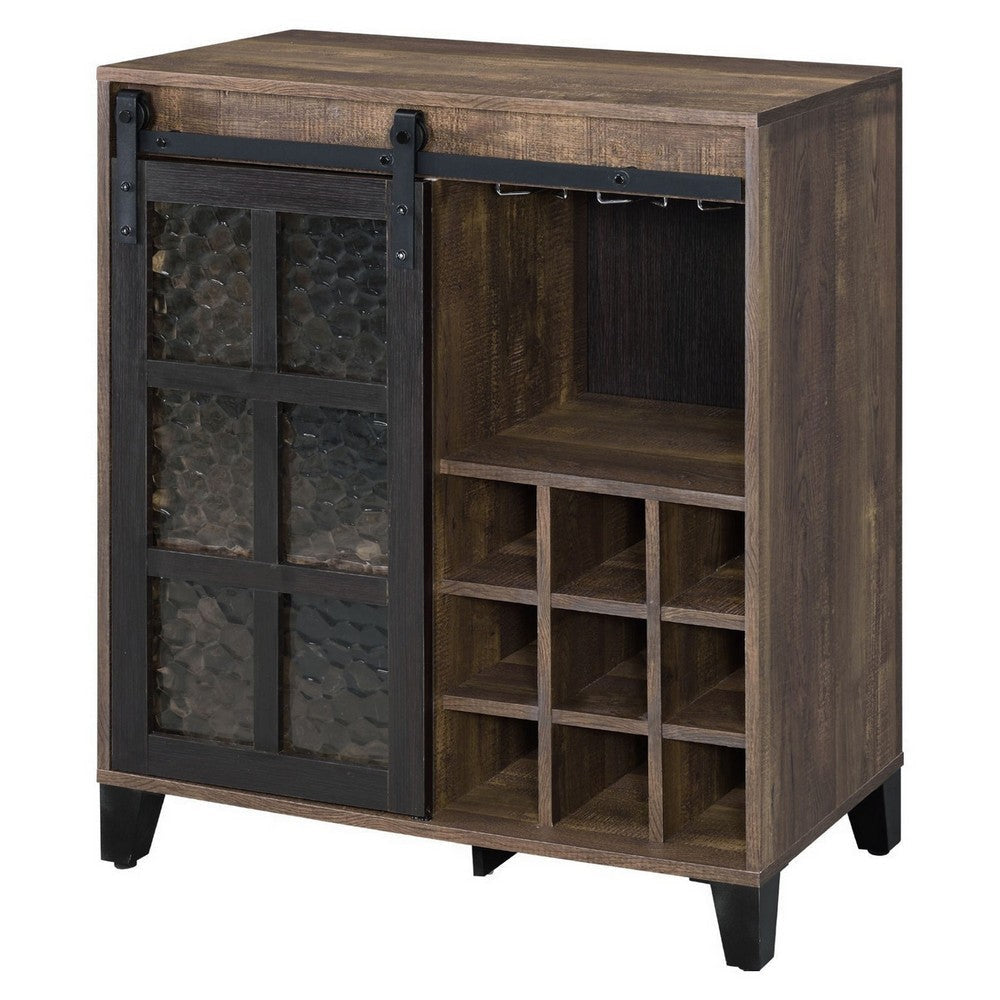 Wine Cabinet with Metal Barn Sliding Glass Door and 9 Cubbies, Brown
