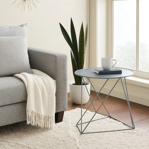 Accent Table with Open Geometric Base and Round Top, Gray