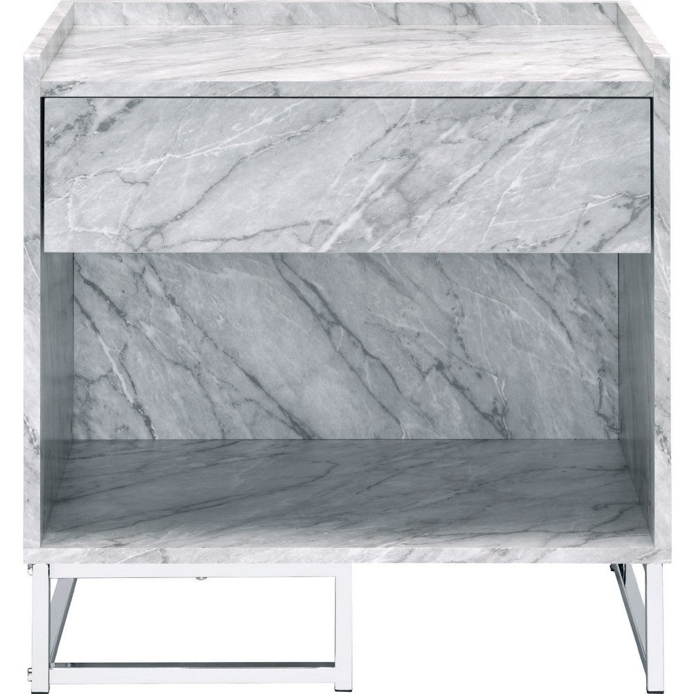 Faux Marble Accent Table with Chrome Finish White BM250334