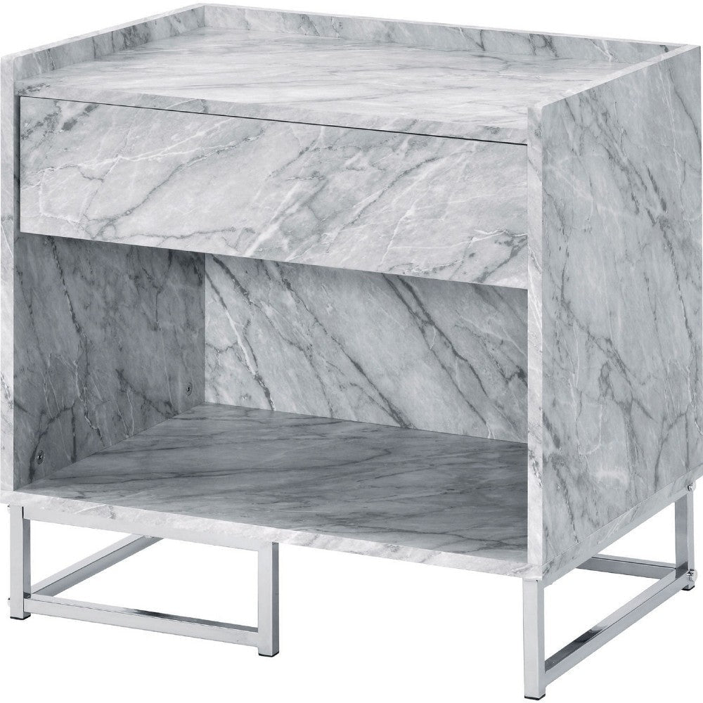 Faux Marble Accent Table with Chrome Finish, White