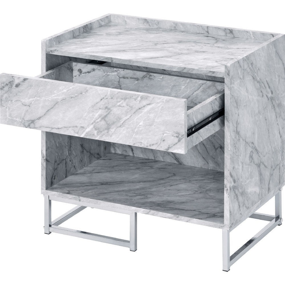 Faux Marble Accent Table with Chrome Finish White BM250334