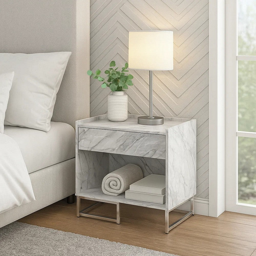 Faux Marble Accent Table with Chrome Finish, White