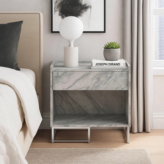 Faux Marble Accent Table with Chrome Finish, White