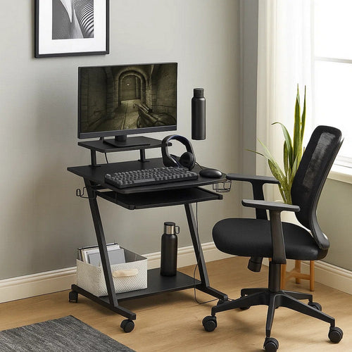 Gaming Desk with Metal Frame and Casters, Black