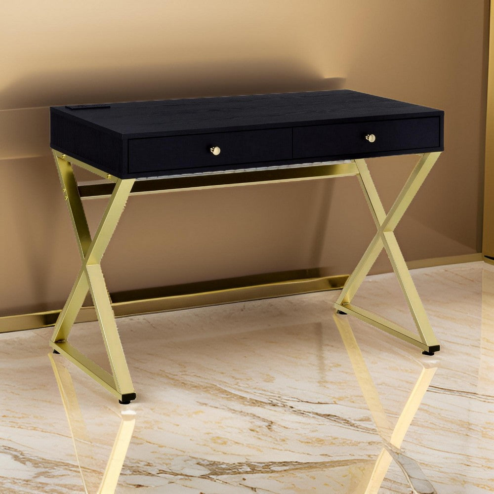 Writing Desk with 2 Drawers and Cross Legs, Black and Gold By Casagear Home