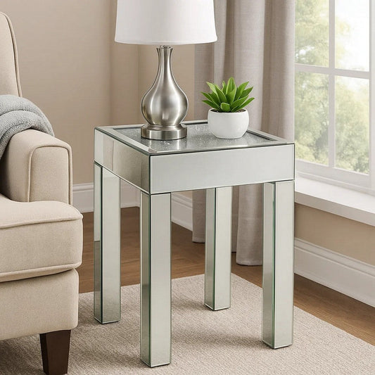 End Table with Faux Acrylic Diamond Top and Block Legs, Silver