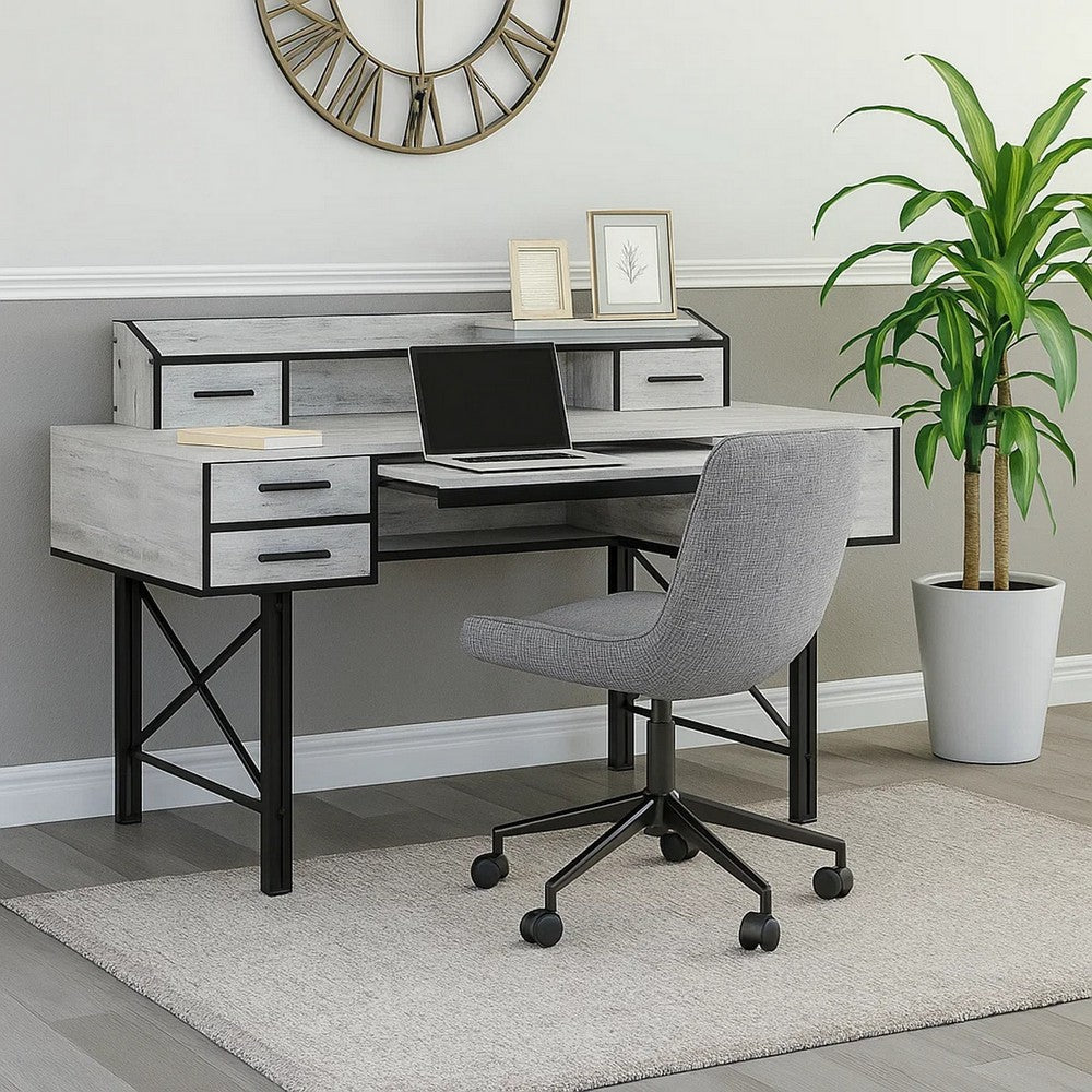 Mira Computer Desk | 5 Drawer | Wood Grains | Antique White | Black