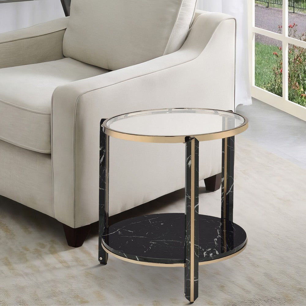End Table with Glass Top and Faux Marble Shelf, Black and Gold By Casagear Home