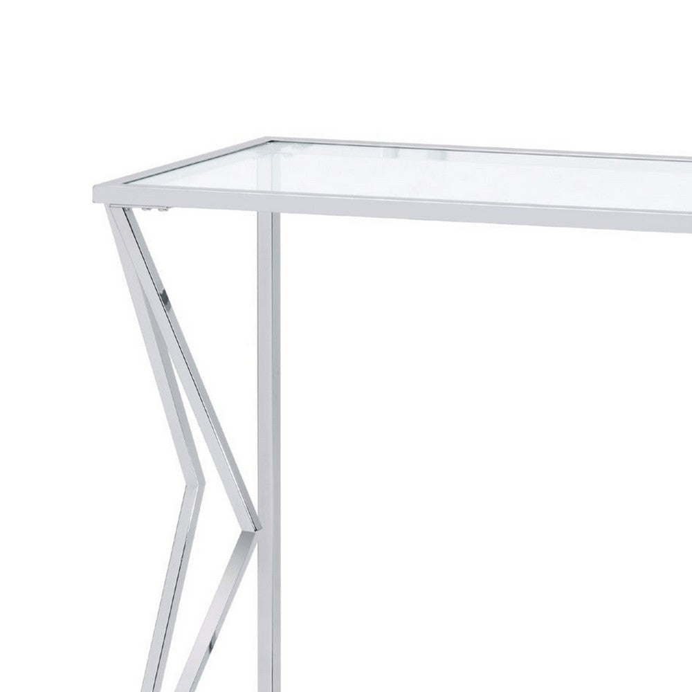 Sofa Table with Glass Top and Bottom Shelf and Geometric Accent, Silver By Casagear Home