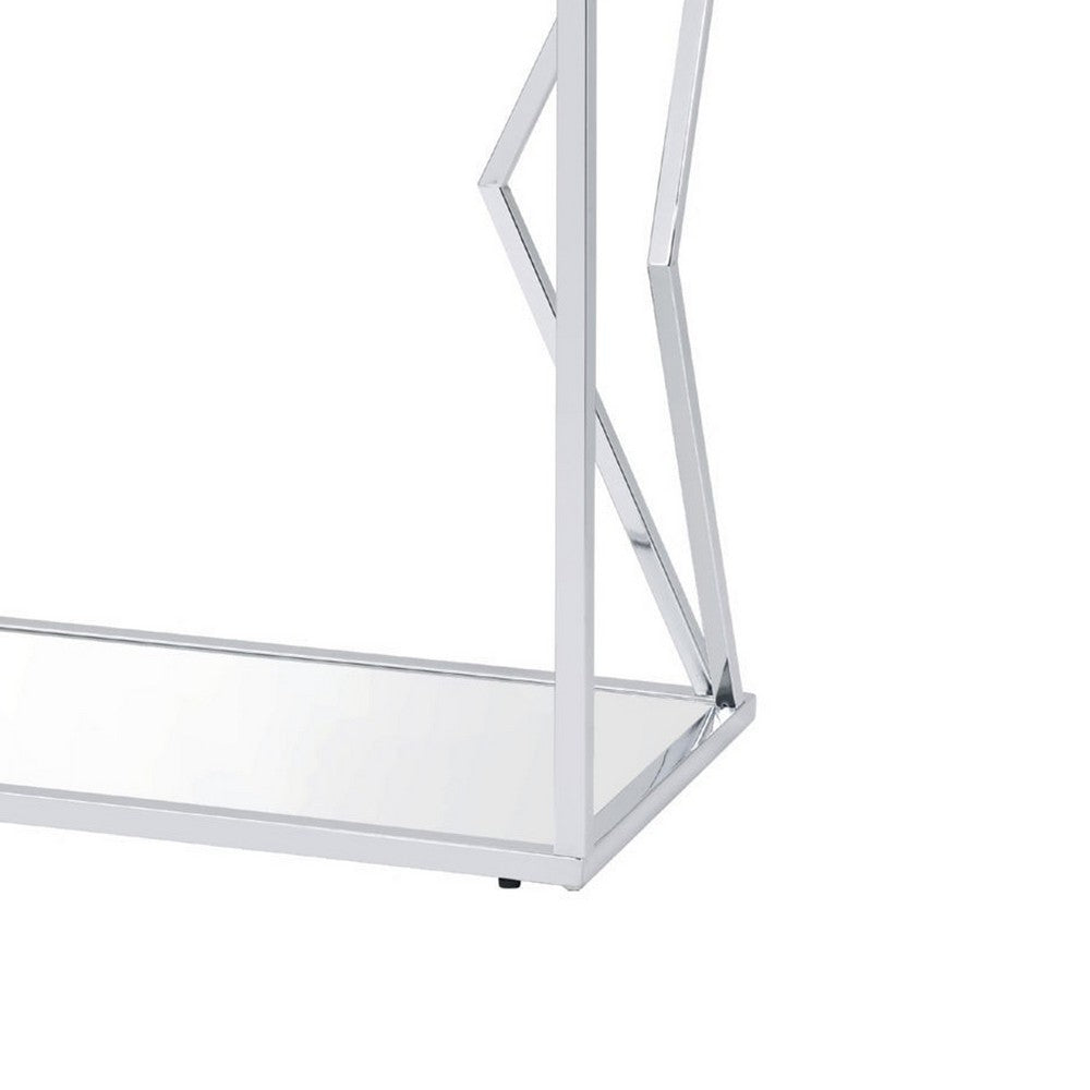 Sofa Table with Glass Top and Bottom Shelf and Geometric Accent, Silver By Casagear Home