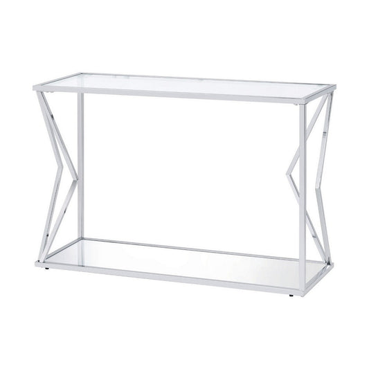 Vera Sofa Table | Glass Top | Bottom Shelf | Geometric Accent | Silver