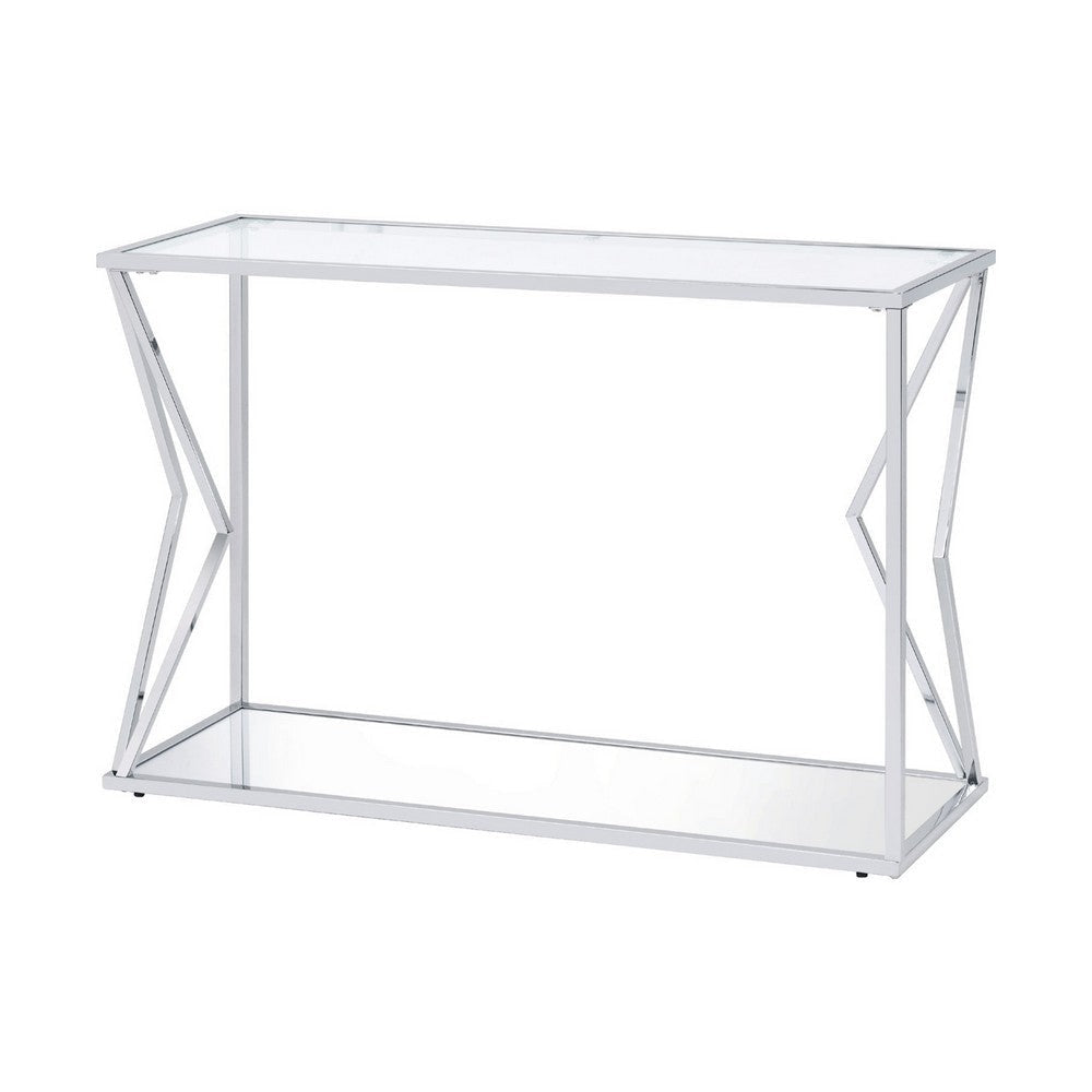 Vera Sofa Table | Glass Top | Bottom Shelf | Geometric Accent | Silver