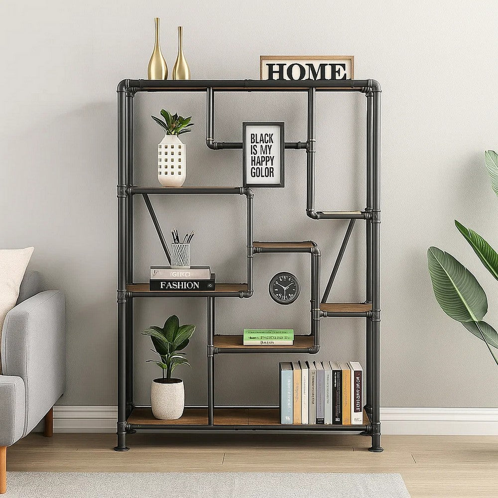 Harker Bookshelf | 8-Tier Water Pipe Design | Brown & Gray