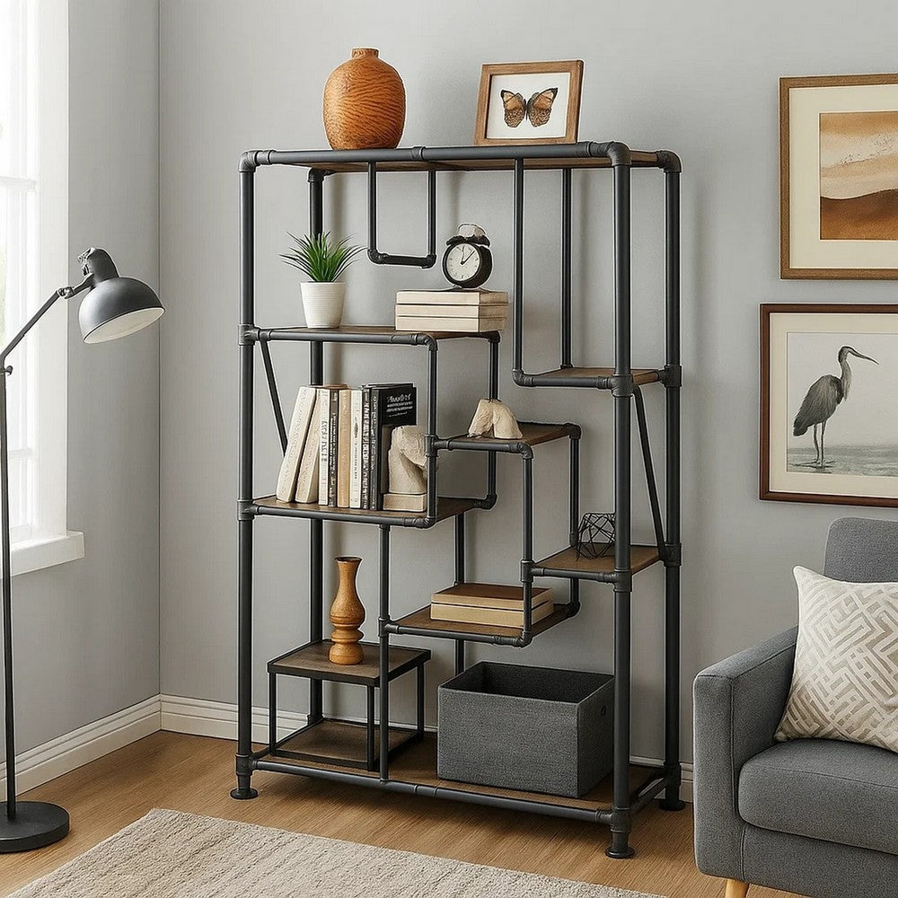 Harker Bookshelf | 8-Tier Water Pipe Design | Brown & Gray