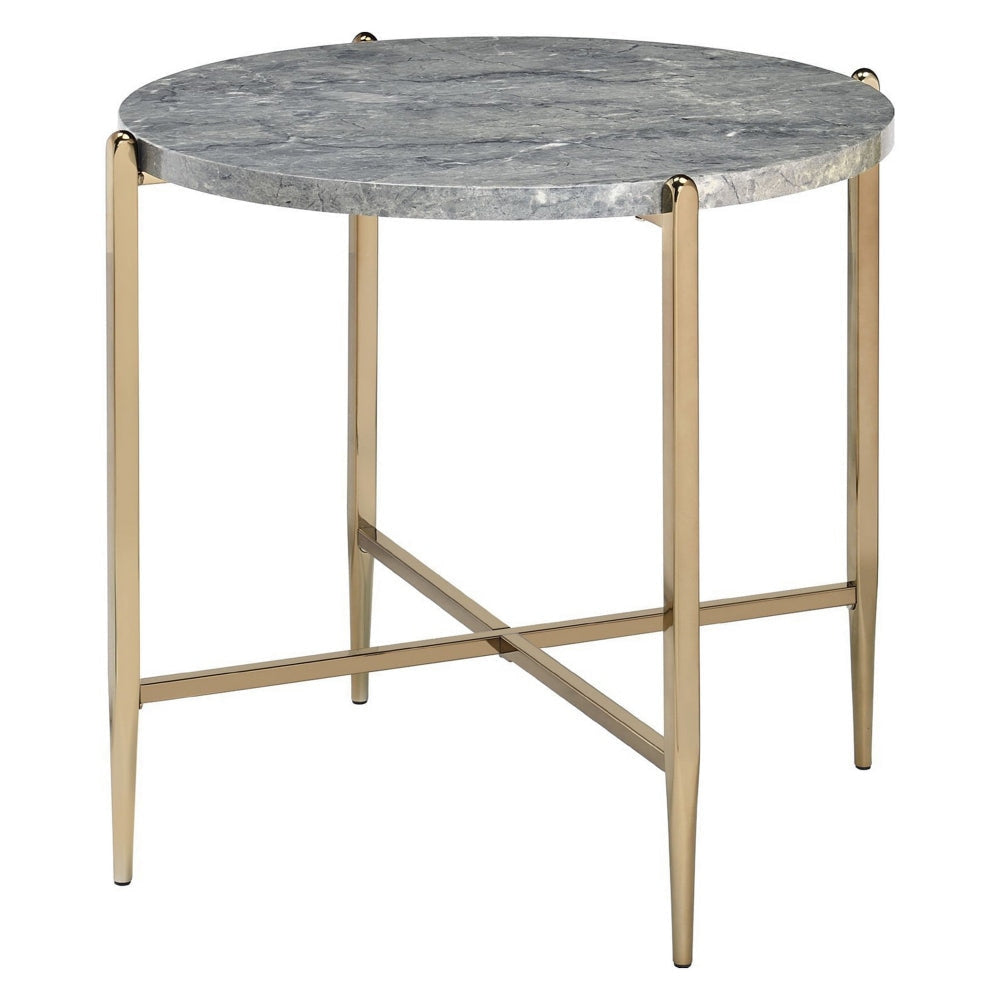 End Table with Oval Marble Top and X Shaped Support Gray and Gold By Casagear Home BM250396