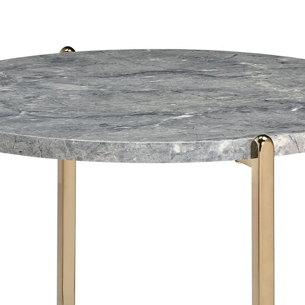 End Table with Oval Marble Top and X Shaped Support Gray and Gold By Casagear Home BM250396