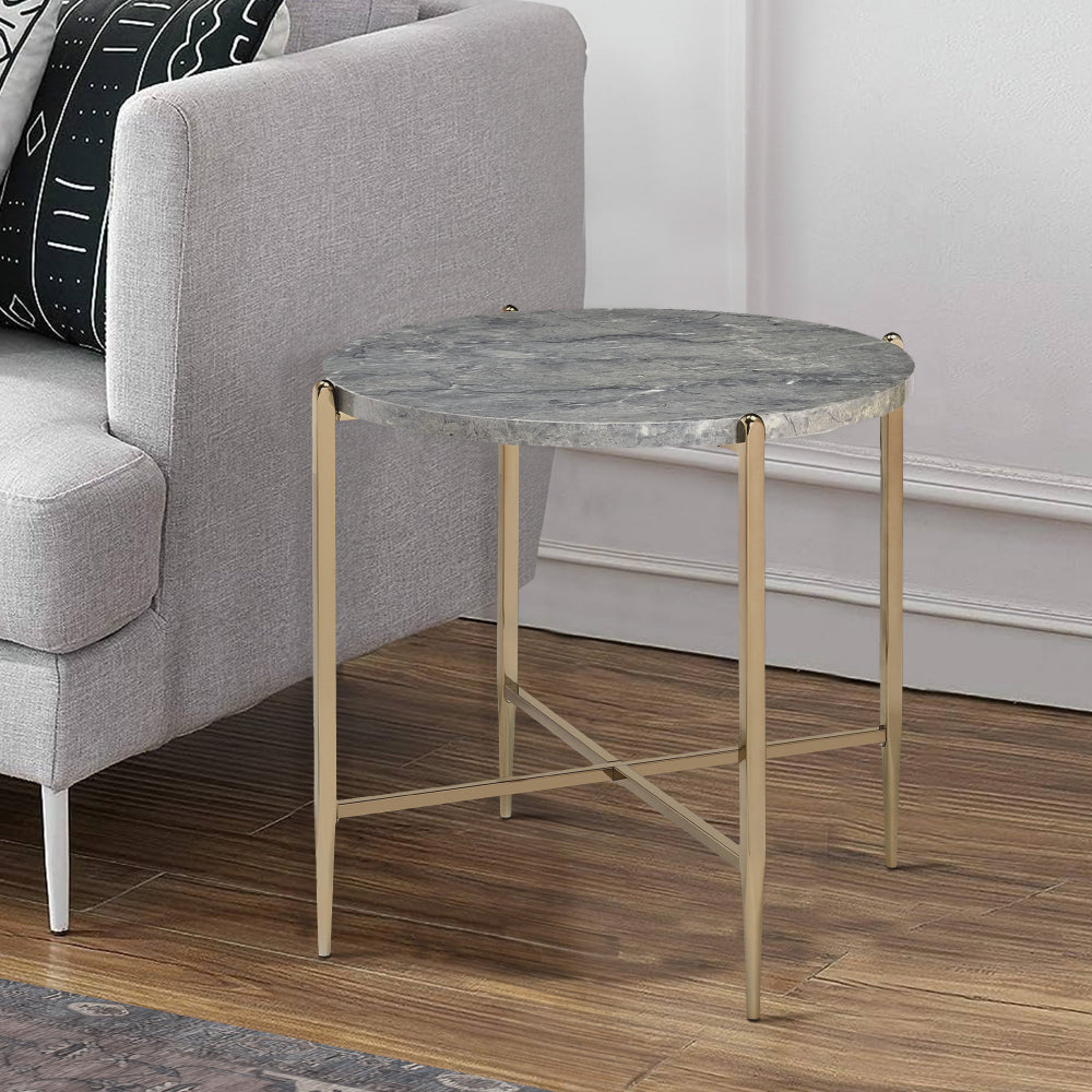 End Table with Oval Marble Top and X Shaped Support, Gray and Gold By Casagear Home