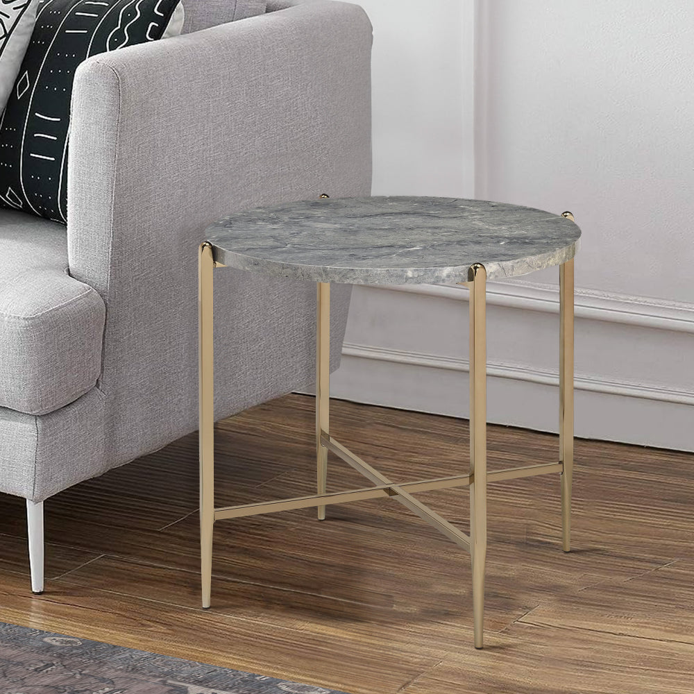 Arlo End Table | Oval Marble Top | X-Shape Support | 24" | Gray & Gold