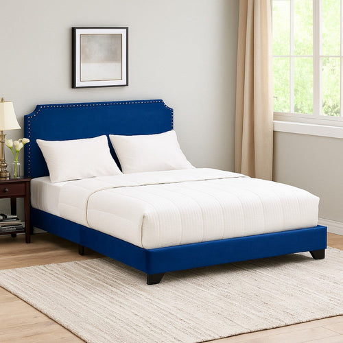 Queen Bed with Platform Style and Nailhead Trim, Blue