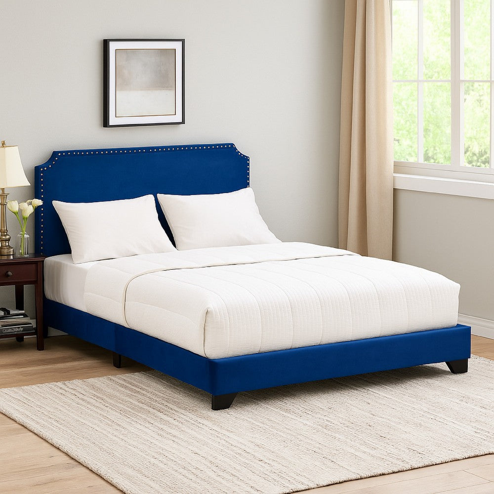 Queen Bed with Platform Style and Nailhead Trim, Blue