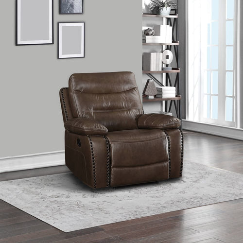 Preston Power Recliner | Nailhead Trim | Faux Leather | Brown