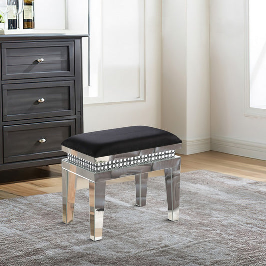Vanity Stool with Fabric Cushioned Top Seat and Mirror Frame, Silver By Casagear Home