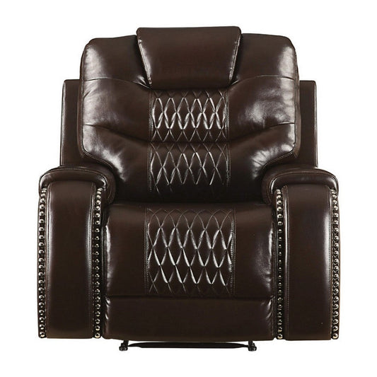 Leatherette Power Recliner with Diamond Stitching, Brown