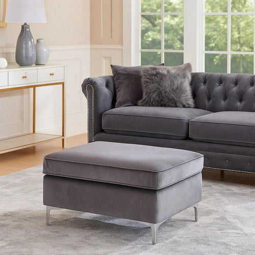 Ottoman with Velvet Upholstery and Metal Legs, Gray