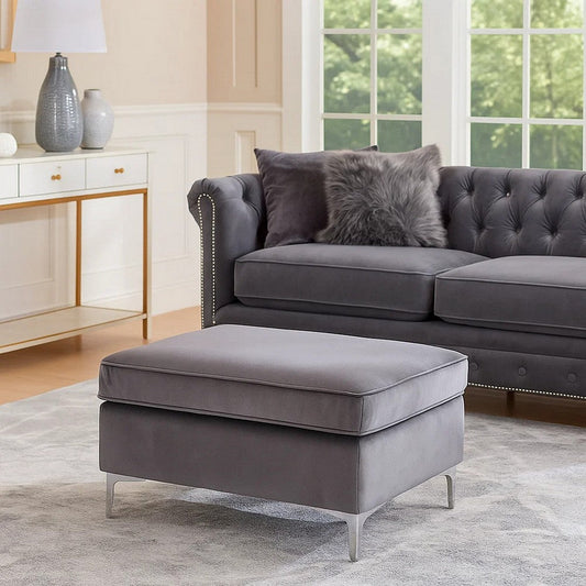 Ottoman with Velvet Upholstery and Metal Legs, Gray