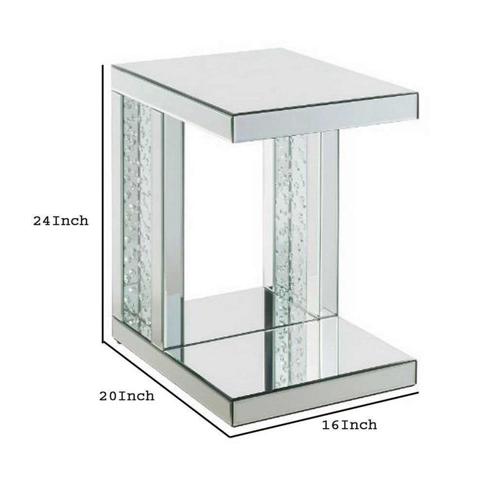 Mirrored Accent Table with C Shape and Faux Crystals Silver By Casagear Home BM250644