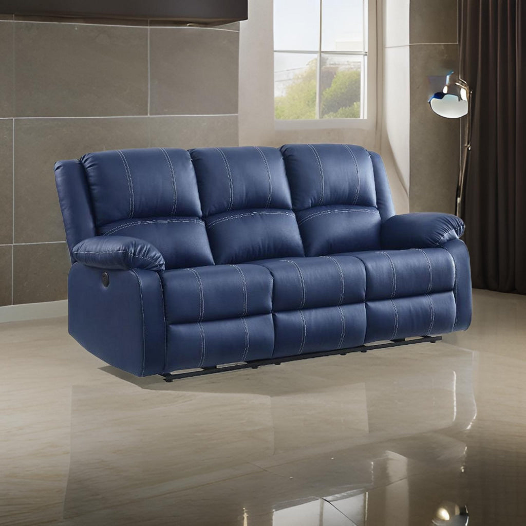 Leatherette Power Motion Sofa with 2 USB Ports, Blue By Casagear Home