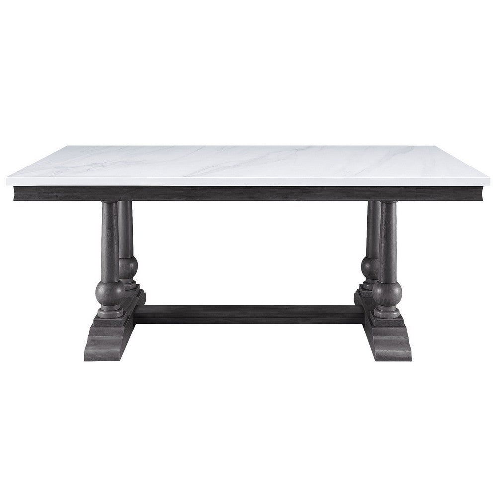 Dining Table with Marble Top and Trestle Base, White and Gray