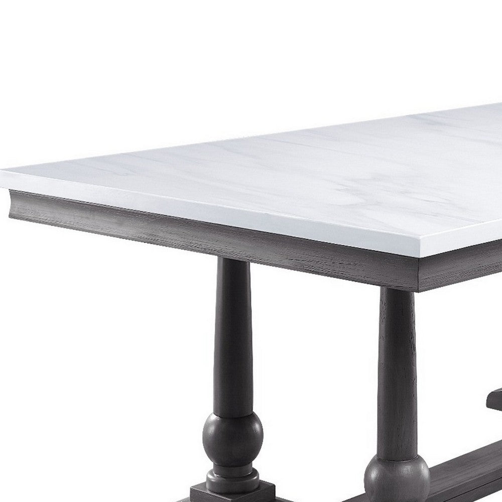 Dining Table with Marble Top and Trestle Base, White and Gray