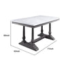 Dining Table with Marble Top and Trestle Base, White and Gray