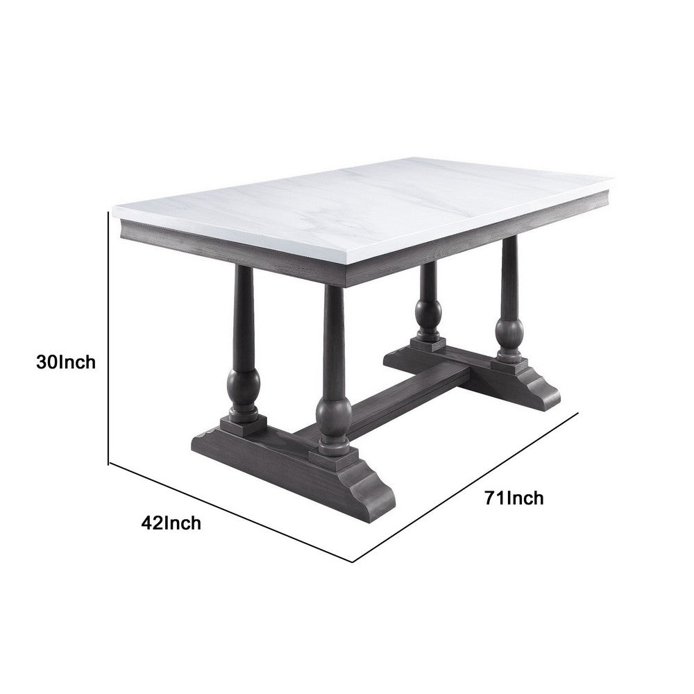 Dining Table with Marble Top and Trestle Base, White and Gray