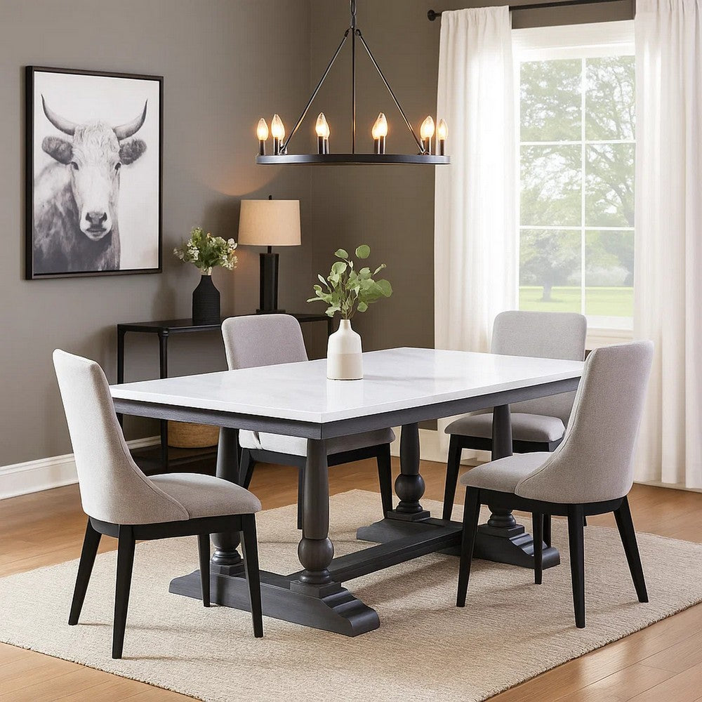 Dining Table with Marble Top and Trestle Base, White and Gray